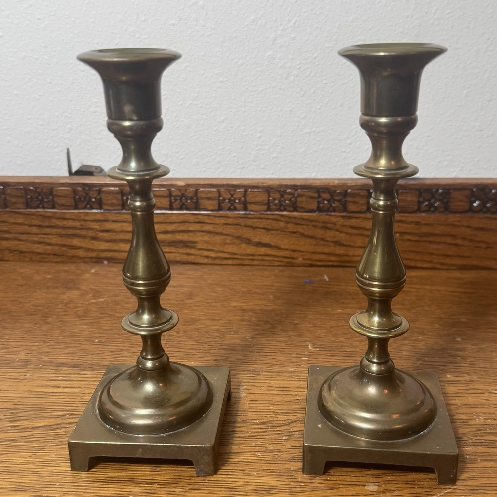 Pair Vintage Brass Candlesticks 7" Square Base Footed Traditional Candle Holders
